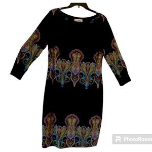 Joseph Ribkoff Black Dress Boho ColorfulPrint Size 14